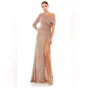 Nwt Ieena for Mac Duggal Sequined Drop Shoulder Faux Wrap Gown in Copper